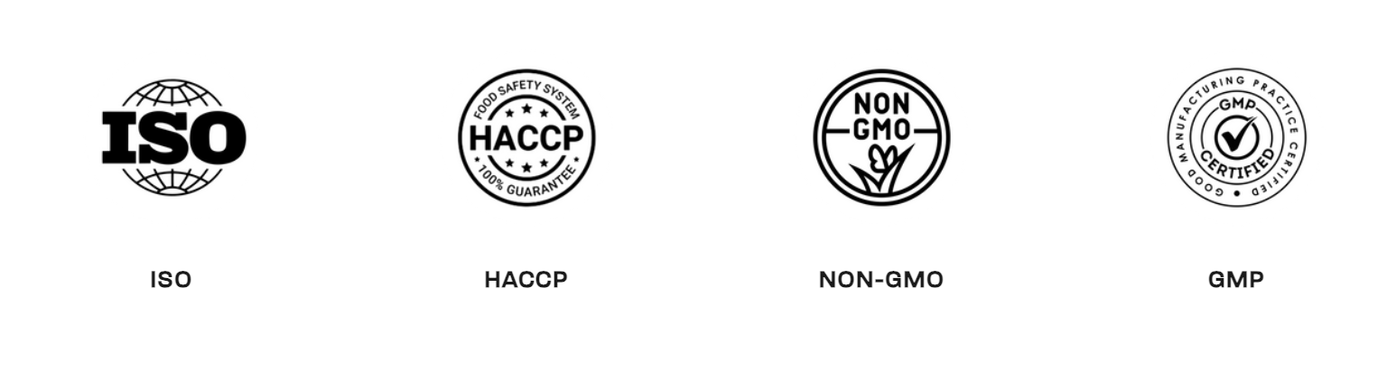 ISO, HACCP, NON-GMO and GMP certification seals